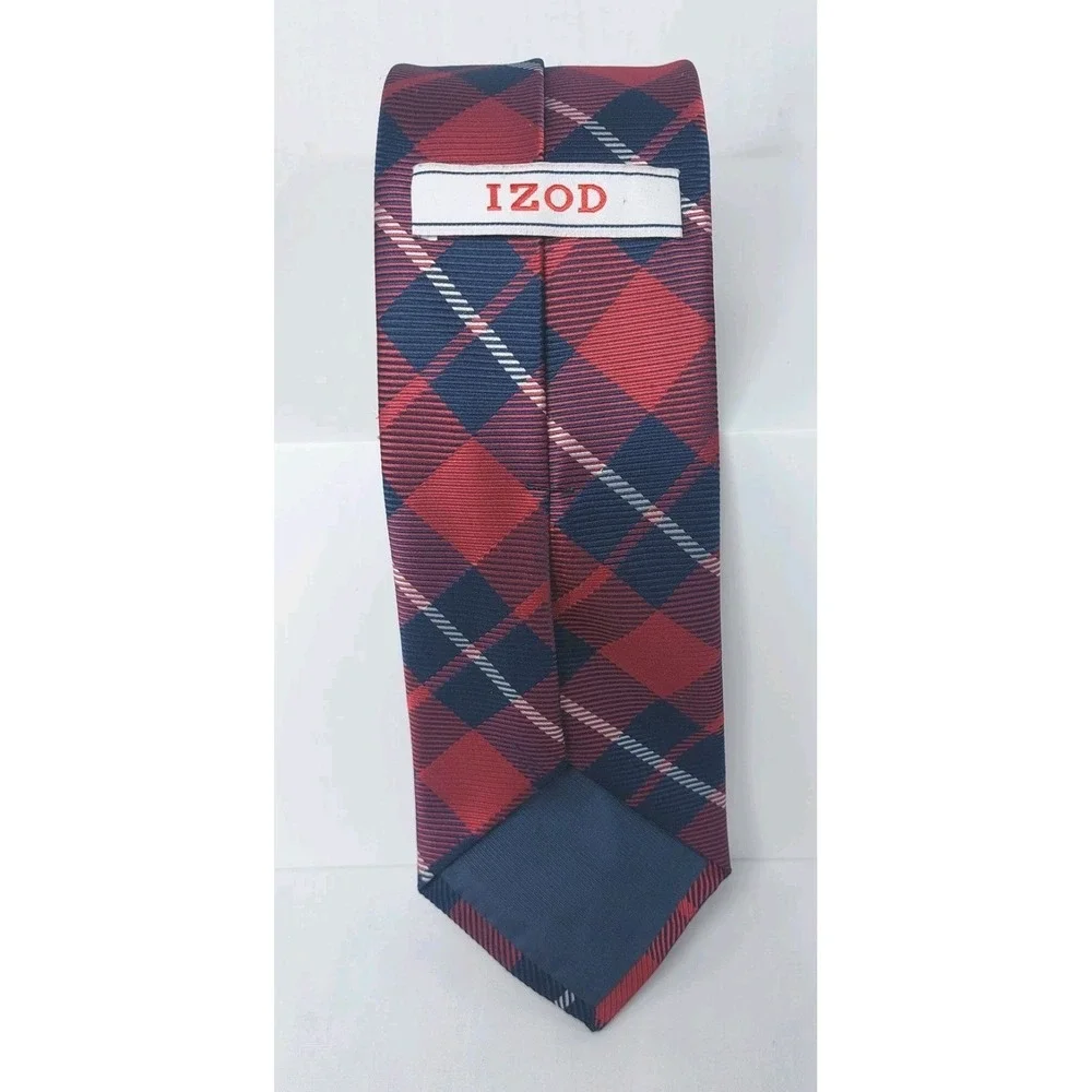 IZOD MENS TIE NAVY BLUE RED REPP PLAID NECKTIE 3.25